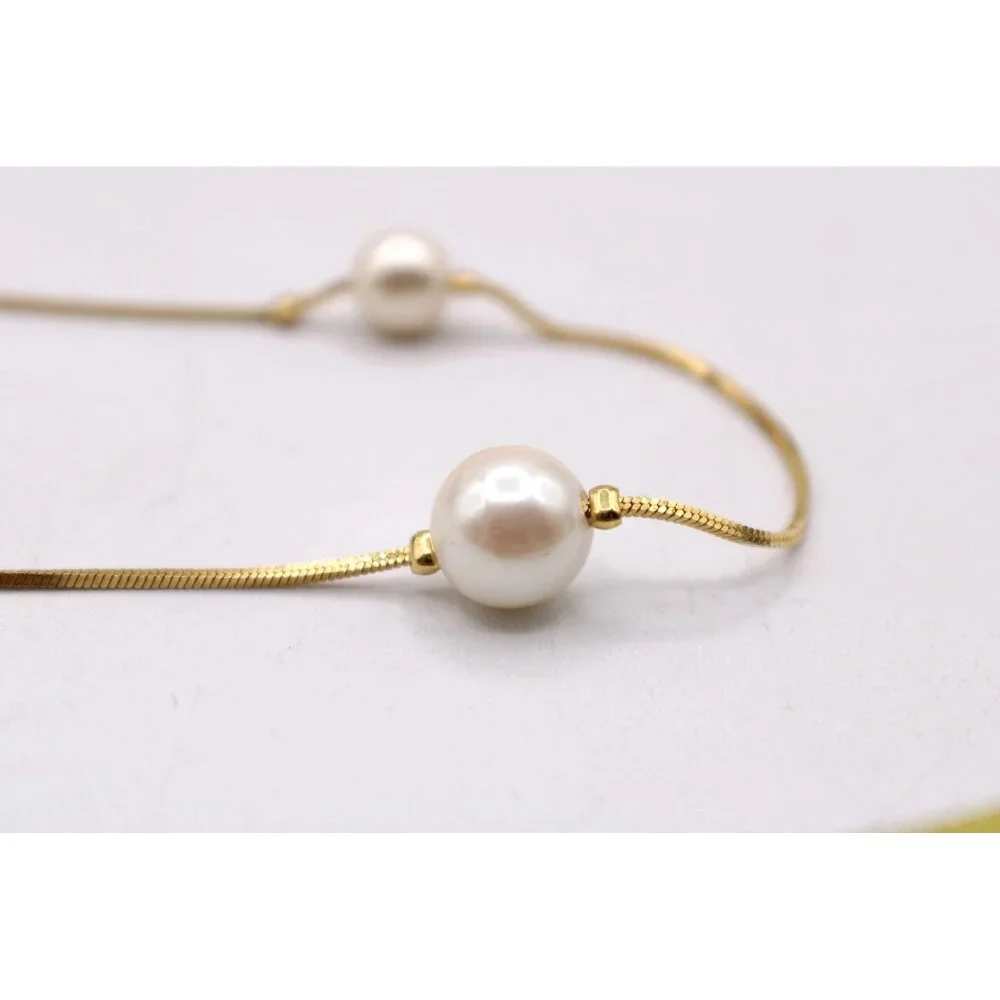 Dainty Gold-Tone Faux Pearl Station Necklace Vintage Delicate 24" Snake Chain - Picture 10 of 10